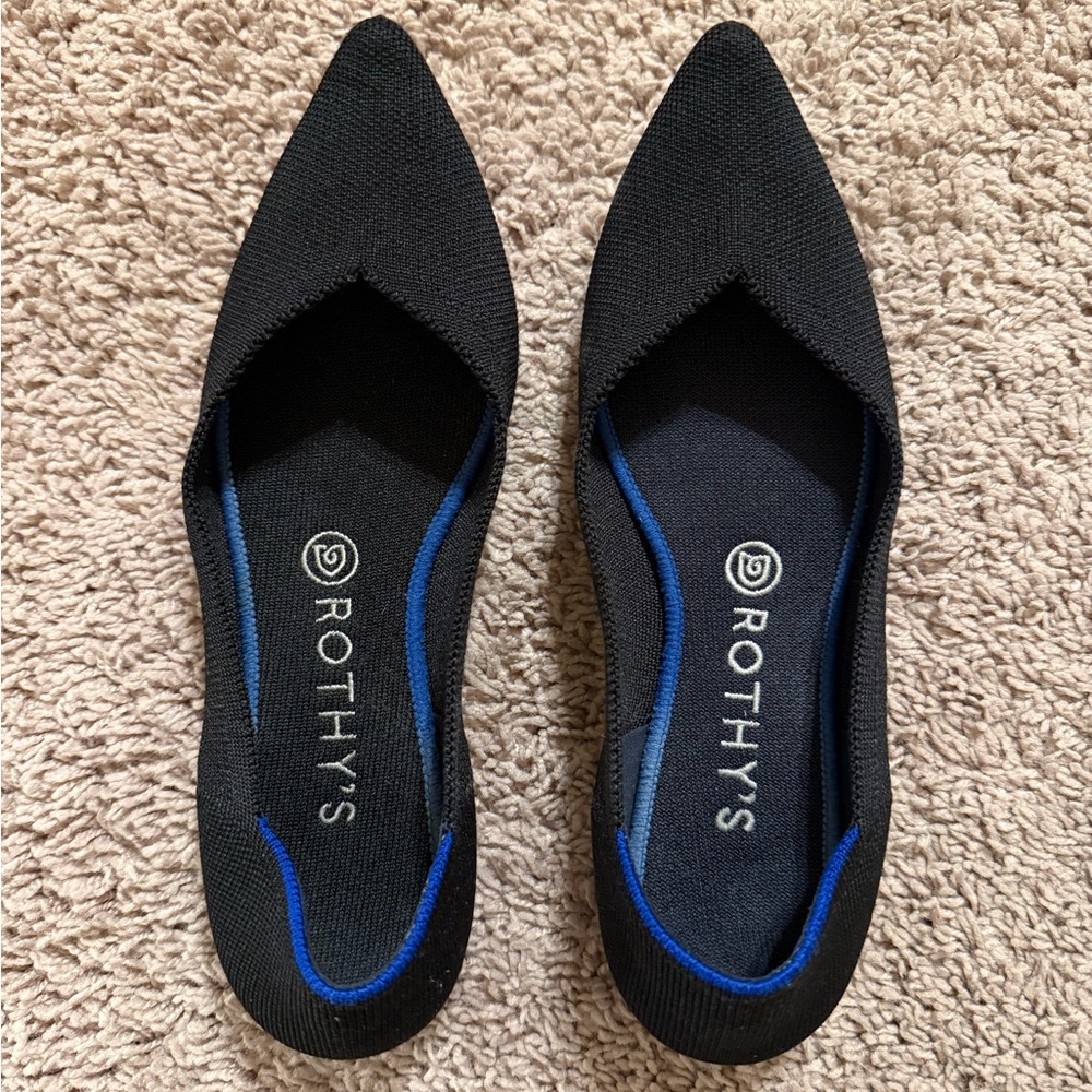 Rothy's The Point Pointed Toe Black Flats with Blue Trim